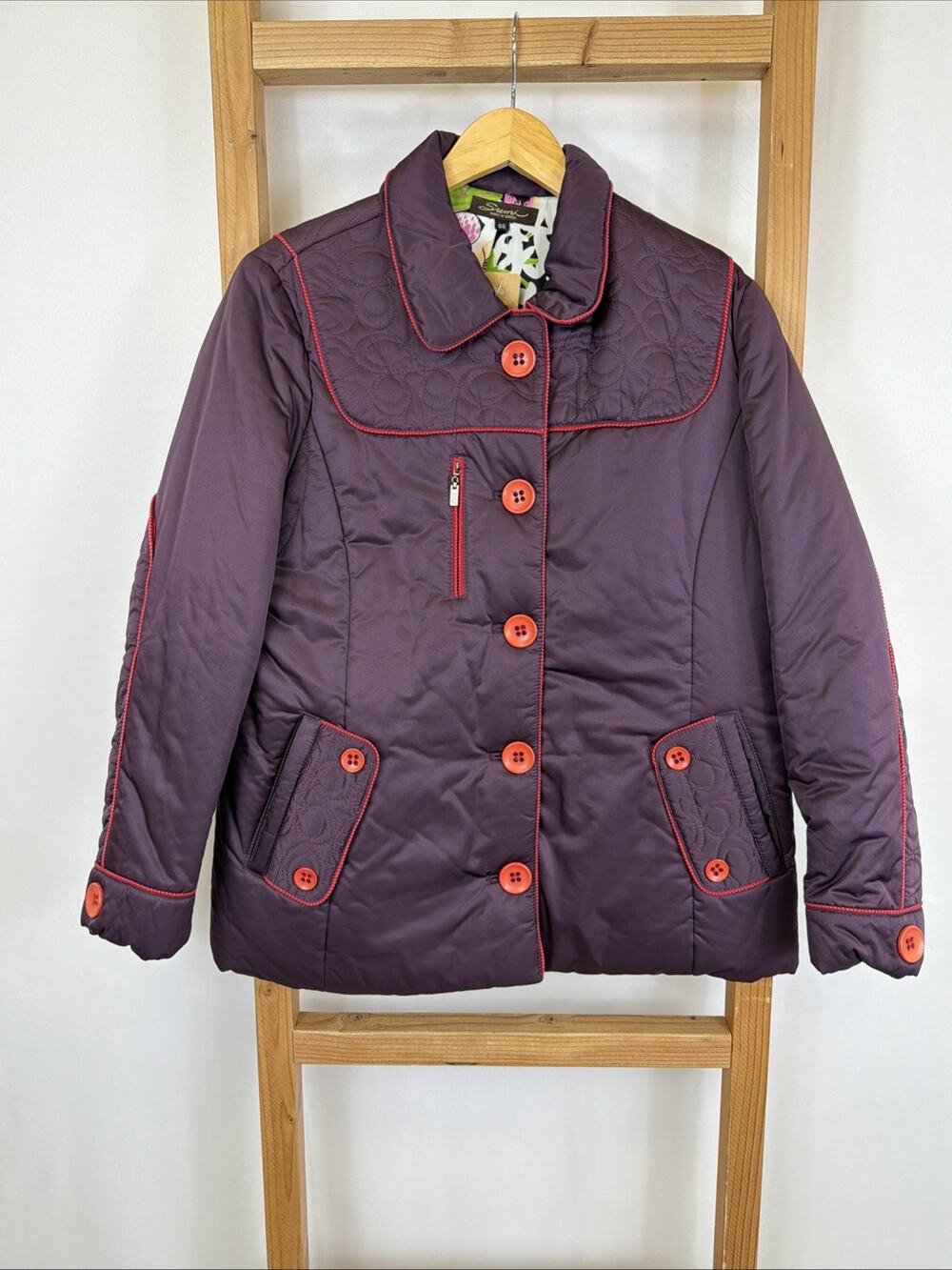Sumi Burgundy Textured Quilted Jacket Artsy Button Front Coat SZ SMALL